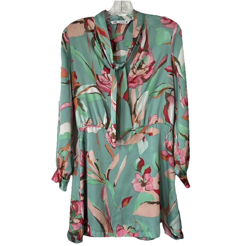Zara Womens Long Sleeve Dress Green Floral Neck Bow Size Medium